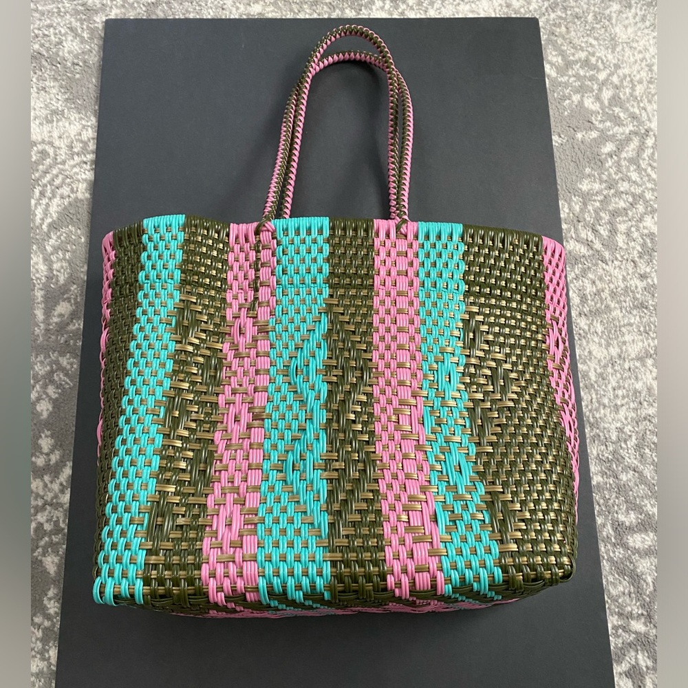 Mexican woven bag teal, pink, & gold. Great condition